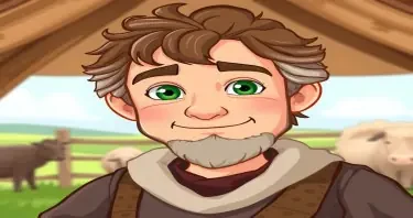 a cartoon drawn young looking grandfather with brown and gray hair and green eyes at age 58 on a farm. This is for a children's book so make him cute, and likeable for the reader to look at. Please have him wearing Medieval clothes in the time of Camelot