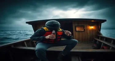 Man taking shelter inside an old houseboat, crouched wearing a motorcycle helmet, life vest and clutching a coors light beer during a severe thunderstorm with torrential rain and strong winds