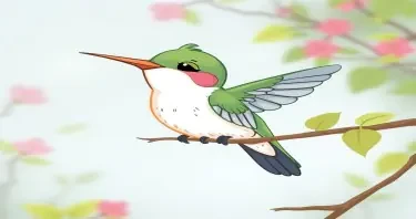 Please create a cartoon drawing  a very weak looking hummingbird.  Make her look very sad but likeable for the reader of a children's book.