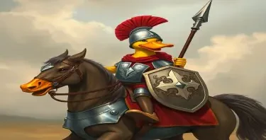 Duck in crusader armor with a spear riding a horse