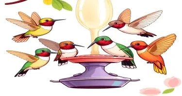 a cartoon drawing of several different colored, very happy beautiful hummingbirds enjoying nectar from several feedershummingbird.