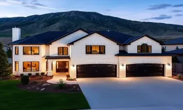 5500 square house, white brick, based in st george utah, black roof, 4 car garge split up with 2, 2 car garages, two stories