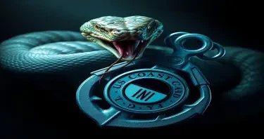 A rattlesnake coiled, ready to strike, looking at you with its mouth open, venom dripping from its fangs, its rattle raised and shaking. A US Coast Guard Chiefs anchor is leaning against the coils of the snake