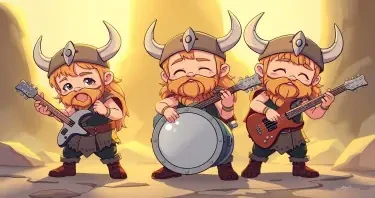 A metal band of baby vikings, looking cute and innocent playing guitars, bass and drums.