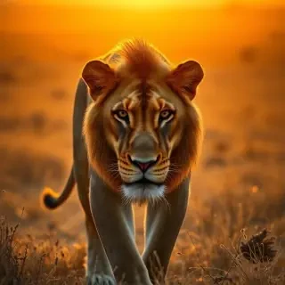 A lion walking in the golden desert, strong sunset lighting, close-up on the face