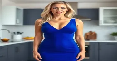 A sexually mature adult woman shown in front-facing profile, standing in a clean, modern kitchen environment. Her body displays fully developed adult proportions — a narrow waist framed by softly rounded hips and a full, lifted chest that projects naturally forward with mature definition. The front view highlights the symmetry and volume of her chest beneath a tightly fitted blue dress, shaped with subtle anatomical realism. Her hips are smoothly contoured, and while her glutes are partially obscured from this angle, the width and structure of her lower body are clearly defined. Her abdomen is flat and firm, with light natural texture suggesting experience without imperfection. Her face is the central point of focus — clear blue eyes, long eyelashes, a small refined nose, full shaped lips with subtle asymmetry, straight white teeth, and a well-proportioned, projecting jawline. Slight natural facial lines and lifted cheeks express graceful maturity. Her long, voluminous blonde hair is styled neatly, falling over her shoulders with soft density. She is dressed in a sleek, form-fitting blue dress — tailored to outline her chest, midsection, and hips with precision, accentuating her shape without exaggeration. The lighting is soft and diffused, enhancing her skin tone and casting gentle shadows along her neckline, chest, and hip contours. The background includes high-end kitchen elements such as polished countertops, cabinetry, and subtle reflections. The image is photorealistic and high resolution, with primary visual emphasis on her face, the curvature and posture of her chest, and the balance of her hips — conveying composed, sexually mature femininity through confident frontal presence.