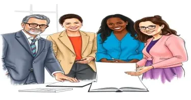 A drawing of a multigenerational and multiracial group of adult professionals collaborating at a business in an office setting for a book cover