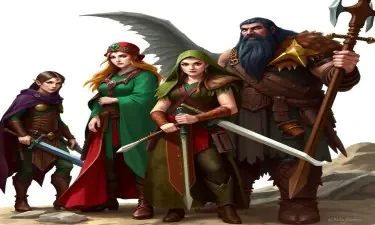 A dungeons and dragons adventuring party consisting of five members: An male elven rogue/bard, a female half-elf cleric/warlock, a female half-elf sorceror/warlock, a male dwarven ranger, and a male goliath barbarian/paladin.