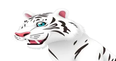 White Tiger with head to the side and mouth open showing teeth and make it cartoonish