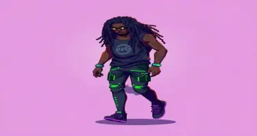 Generate a 16 bit spritesheet of a 2d cyberpunk male with dreadlocks. TIleset should include a walking, running, jumping, and standing animation.