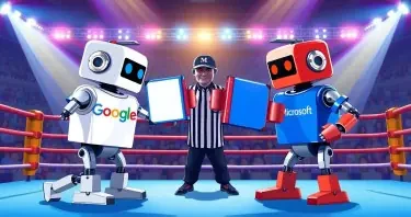 Create a vibrant, eye-catching illustration of two classic Rock'em Sock'em-style robots in a boxing ring. One robot is wearing a white Google-branded T-shirt, and the other is wearing a blue Microsoft-branded T-shirt. Instead of boxing with their fists, each robot is wielding a large, notebook binder as a playful weapon. The Google robot has a blue binder, the Microsoft robot has a red binder. The scene is being refereed by a third robot, styled like the Pixar Movie “Robots”, wearing a black baseball cap with the Perplexity.ai logo clearly visible. The atmosphere is energetic and fun, with the boxing ring set under bright lights and a lively, tech-inspired audience in the background. The overall style should be polished, modern, and suitable for use in a professional technology blog or publication. Avoid using any copyrighted logos; use suggestive branding (such as color schemes and general design elements) to represent Google, Microsoft, and Perplexity.ai.