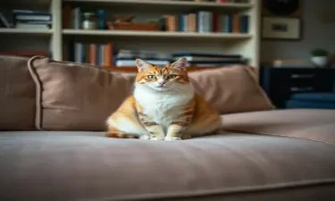 photograph, candid shot, famous randomly couch and randomly finished with randomly cats, center point for cat, Use camera is Canon EOS 5D Mark IV with a Canon EF 24mm f/1. 4L II USM lens, set at aperture f/2. 8 for a depth of field that highlights the furniture clean lines with rich and many detail, randomly color and finished, soft ambient light, studio light setting, ultra realistic, UHD, many details