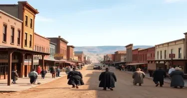 A realistic picture of the old Wild West town of Dodge City in 1875 BC.  A long view of the city as if walking down the middle of Dodge City  in 1875 with buildings on both sides of the street as the town gets smaller in the distance with people in western 1875 time period clothes on the street living everyday life.