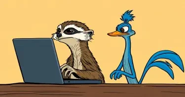 A sloth typing on a laptop while the Road Runner stands behind him looking impatient