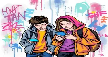 A colorful and striking graffiti-style illustration of two teenagers looking at their smartphones.