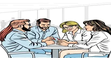 A drawing of a multigenerational group of adult professionals collaborating at a business