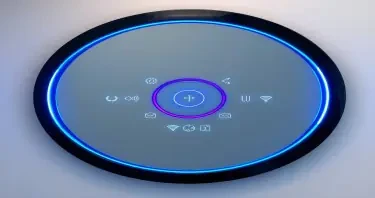 A tall oval mirror with a flawless reflective surface, framed in polished black onyx. A wide electric blue LED ring surrounds the mirror near its edge, with a thinner purple ring nested inside. Between the rings, glowing symbols and interface glyphs pulse gently. The background is softly lit, allowing the mirror and its embedded data to shine clearly.