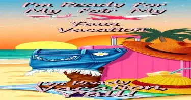 fun and colorful vacation poster in a retro-meets-Western style. A pair of frayed denim Daisy Dukes with rhinestone studs and a daisy flower on the pocket is draped over a cowgirl boot resting beside a pink rolling suitcase. The background features a sunset beach scene with palm trees, sparkles in the sky, and an airplane leaving a heart-shaped smoke trail. Nearby, a wide-brimmed cowgirl hat rests on a beach towel, next to a coconut drink and cat-eye sunglasses. Text in glittery retro lettering says: ‘I’m Ready for My Vacation, Y’all!’. The color palette includes soft pinks, golden oranges, denim blue, and hints of turquoise. Style is playful, feminine, and perfect for a southern summer escape.