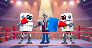 Create a vibrant, eye-catching illustration of two classic Rock'em Sock'em-style robots in a boxing ring. One robot is wearing a Google-branded T-shirt, and the other is wearing a Microsoft-branded T-shirt. Instead of boxing with their fists, each robot is wielding a large, colorful notebook binder as a playful weapon. One binder is blue, the other is red. The scene is being refereed by a third robot, styled in a neutral metallic color, wearing a hat with the Perplexity logo clearly visible. The atmosphere should be energetic and fun, with the boxing ring set under bright lights and a lively, tech-inspired audience in the background. The overall style should be polished, modern, and suitable for use in a professional technology blog or publication. Avoid using any copyrighted logos; use suggestive branding (such as color schemes and general design elements) to represent Google, Microsoft, and Perplexity.