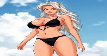 Women character from Dragon Ball Z in a tiny black bikini showing her big ass with tigh pussy