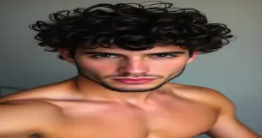 Sexy man with curly hair and short beard. He is in his twenties. he has thick lips. He is toned but not overly muscular.