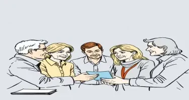 A drawing of a multigenerational and multicultural group of adult professionals collaborating at a business for a book cover