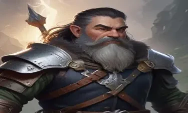 A fifth-edition dungeons and dragons character who is a middle-aged dwarf ranger. He has a wide build, black hair, gray eyes, weilds a magical bow that creates lightning arrows, and wears a mithril breastplate.