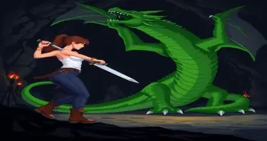 A woman wearing a white tank top and jeans with hiking boots holding a sword. Ready to swing her sword. In a fighting stance. Facing a large green dragon. She's fighting a large green dragon that looms over her, rearing it's head back ready to strike. The dragon is leaning forward, all four of it's claws on the ground, it's tail trails of in the darkness. Setting is a dark cave lit with torches