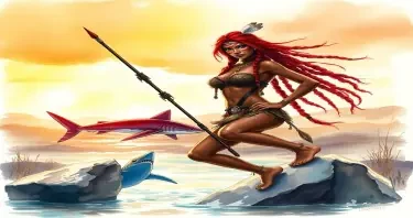 A watercolor painting of a strong, red-haired tribal warrior woman standing confidently in a windswept, post-apocalyptic landscape. She has long braided hair with a feathered accent, vibrant red warpaint across her face and body, and any jewelry and accessories fur and tribal inspired by nature. Her pose is heroic and proud, with a glowing sunset in the background casting warm hues. The style is soft, atmospheric watercolor with fine detail on her facial expression and body paint.  She has dark skin like a half black girl. Her microbikini is so small and tiny and tight it looks painted on and blends in with her warpaint. Her bottom clothing is a tiny fur thong she is spear fishing with each one of her two feet on separate large rocks.  There are two rocks and a giant shark swimming between them. She is in a semi squatting  position thrusting the spear in between the two rocks her feet are on downward through the river and into the shark