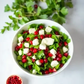 Healthy green salad with goat cheese and pomegranate, in a simple white bowl