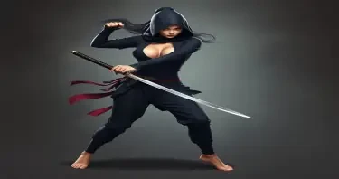 Create a full body female ninja in sword action. She is barefoot and her breasts are exposed artistically through her outfit