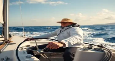 can you generate a sailor who is a Hong Kong medical doctor, who sails on a Beneteau first 50 sailboat as the helmsman, wearing a hat and a sailing suite in the bright sunshine but heavy seas with white caps waves