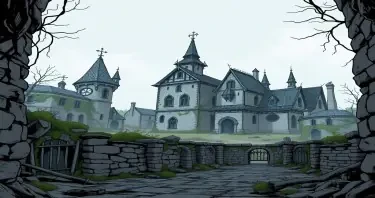 An abandoned and ruined archive of noble estates drawn in comic gothic style and in Mordheim.