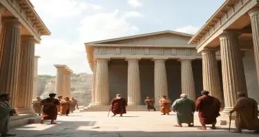 a photorealistic picture of inside the Parthenon of ancient Greece city during the time when Aristotle lived with people in period clothing