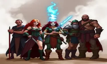 A five member dungeons and dragons adventuring party consisting of: A red-skinned thin male elven bard, an adrogynous female half-elf cleric/warlock tied to the shadow realm,  a curvy female half-elf sorceror/warlock, a short but wide male dwarven ranger, and a very tall male half-giant barbarian/paladin.