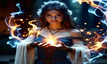 A stunning slim female wizard stands poised in a magical dark fantasy realm, casting a mesmerizing spell with elemental energies swirling around her. She wears an alluring off-shoulder costume adorned with elaborate rings, showcasing intricate details and textures. Her beautiful, fair skin glows under soft, ethereal lighting, emphasizing her enchanting blue eyes and captivating smile. Elements of fire, water, wind, and ice dance in a perfect dynamic composition, creating a breathtaking, ultra high-resolution masterpiece.