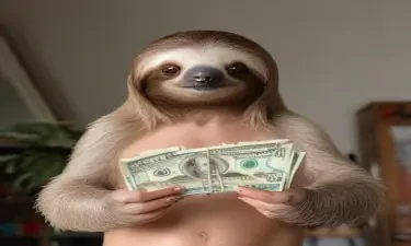 a sloth standing holding a stack of dollars in his hand with two topless woman