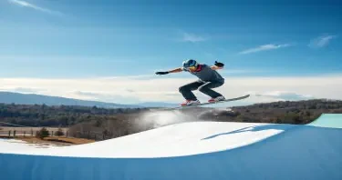 Vytvoř hyperrealistický obrázek asi desetiletého chlapce na sportovní koloběžce s malinkými kolečky, jaké se používají ve scateparku. Chlapec zrovna dělá nějaký speciální trik při kterém je na U rampě. Chlapec má na hlavě přilbu, která je v horní části modrá, ve střední části růžová a zadní části žlutá. Má černé tričko s krátkými rukávy. Celý obrázek působí sportovně a realisticky a je umocněn protisvětlem, ve kterém vypadá velmi fotogenicky.