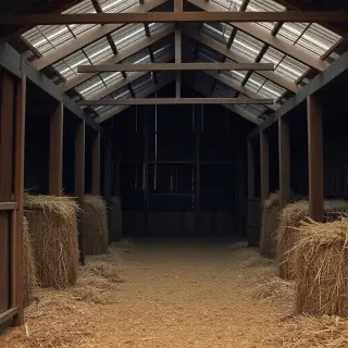 a realistic picture of inside of a barn with hay bails and hay on the floor.