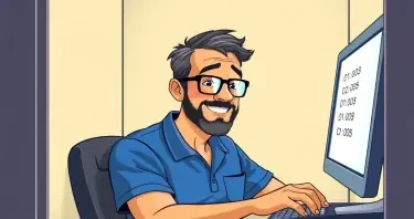 A man with black hair and a thin beard, both going grey, tan skin, wearing glasses and a blue pocket polo shirt, is sitting at a computer terminal in a narrow booth sweating while he is attempting to answer a multiple choice question on the screen