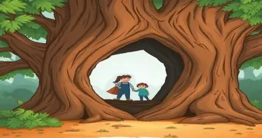 Create a cartoon drawing for a children's book of a huge menacing looking hollow tree that two people could climb inside of.