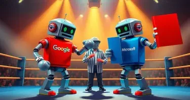 Create a vibrant, eye-catching illustration of two classic Rock'em Sock'em-style robots in a boxing ring. One robot is wearing a Google-branded T-shirt, and the other is wearing a Microsoft-branded T-shirt. Instead of boxing with their fists, each robot is wielding a large, colorful notebook binder as a playful weapon. One binder is blue, the other is red. The scene is being refereed by a third robot, styled in a neutral metallic color, wearing a hat with the Perplexity logo clearly visible. The atmosphere should be energetic and fun, with the boxing ring set under bright lights and a lively, tech-inspired audience in the background. The overall style should be polished, modern, and suitable for use in a professional technology blog or publication. Avoid using any copyrighted logos; use suggestive branding (such as color schemes and general design elements) to represent Google, Microsoft, and Perplexity.
