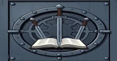 A lage sealed steel door locked with a large sigil featuring three upside down swords in front of an open book. Upon the hilt of each sword is written the words: Duty, Honor, Loyalty. Each in a different order. The art style should be comic style.