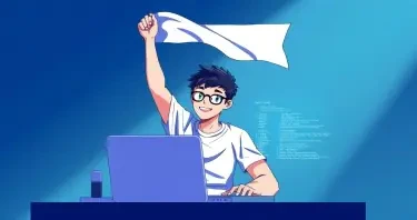 A Software-Developer sitting in front of his laptop. The laptop display shows code lines on it. The developer is raising a white flag above his head..