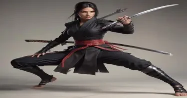 Create a full body female ninja in sword action. She is barefoot and her breasts are exposed artistically through her outfit