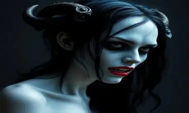 A porcelain-skinned undead woman with dark black hair, red lips and a haunting, hungry nature. She has no horns.