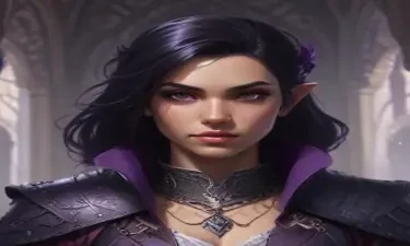 A 5E dnd character who is a half-elf cleric and warlock sworn to the mother of shadows. She wears chain mail, is slightly androgynous, has shoet black hair with purple streaks, and has a shadowy raven familiar.