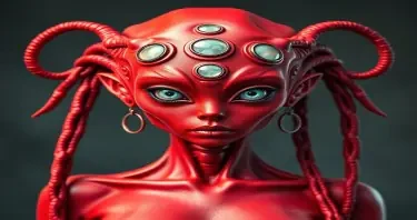 Create an incredibly sexy red alien science fiction space girl with 8 eyes and long pigtails ensure her whole body from head to toe is in the picture