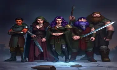 A five member dungeons and dragons adventuring party consisting of: A red-skinned thin male elven bard, an adrogynous female half-elf cleric/warlock wearing chainmail with a shadow raven familiar,  a curvy female half-elf warlock with purple hair wearing robes, a short but wide male dwarven ranger, and a very tall male half-giant barbarian/paladin.