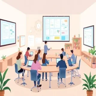 A detailed modern flat vector illustration in clean editorial illustration style showing a full scene inside a contemporary digital classroom environment where collaborative learning is actively taking place through technology. The setting is a spacious, well‑lit interior with visible walls, floor, desks, chairs, shelves, and large digital displays. Multiple students sit or stand around shared tables, each working on laptops or tablets, while a teacher facilitates the process from a central position. The environment must feel dynamic and interconnected, with screens showing shared documents, mind maps, task boards, and real‑time collaborative notes that symbolize how technology makes thinking and decision‑making visible.  Include subtle visual metaphors for teamwork and structured collaboration: overlapping digital windows representing shared ideas, softly glowing connection lines between devices, and color‑coded task elements on a large wall‑mounted display. Show students discussing, pointing at screens, and contributing to a shared workflow, emphasizing that collaboration is organized, transparent, and guided by clear processes rather than spontaneous chatter.  The room should feel warm and inclusive: soft‑colored walls, wooden or neutral flooring, plants, bookshelves, and ambient lighting. The scene must be fully filled edge‑to‑edge with a complete environment, showing a realistic interior space with depth and balance. The illustration should clearly communicate how digital tools support equitable, structured, and meaningful collaborative learning.  Style: modern flat vector illustration, smooth shapes, soft gradients, slight depth, clean editorial design. Color palette: warm neutrals, soft blues, muted greens, gentle oranges for highlights.  CRITICAL: full scene composition with a complete environment. The background must be part of the scene with clearly visible environment elements such as walls and floor or natural surroundings. The image must be fully filled edge-to-edge. Absolutely no white background anywhere in the image. No blank or empty areas. No isolated objects. No floating composition. No transparent background. The background is not a studio backdrop, it is a real environment.  No text, no watermark.